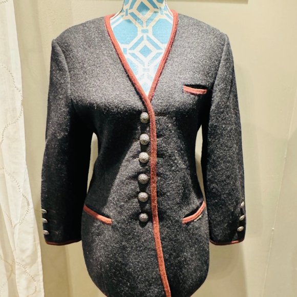 Vtg Geiger blazer  Sz 36 Black V Neck Boiled Wool Buttons Austria - Picture 3 of 8